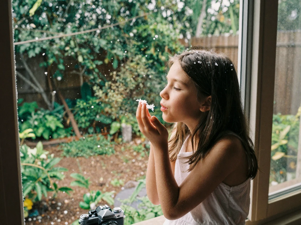 A girl catching snowflakes on her tongue in a quiet backyard, in soft window light, in crisp, dry air, in the height of summer, with deep emerald greens and browns, viewed from across the room.