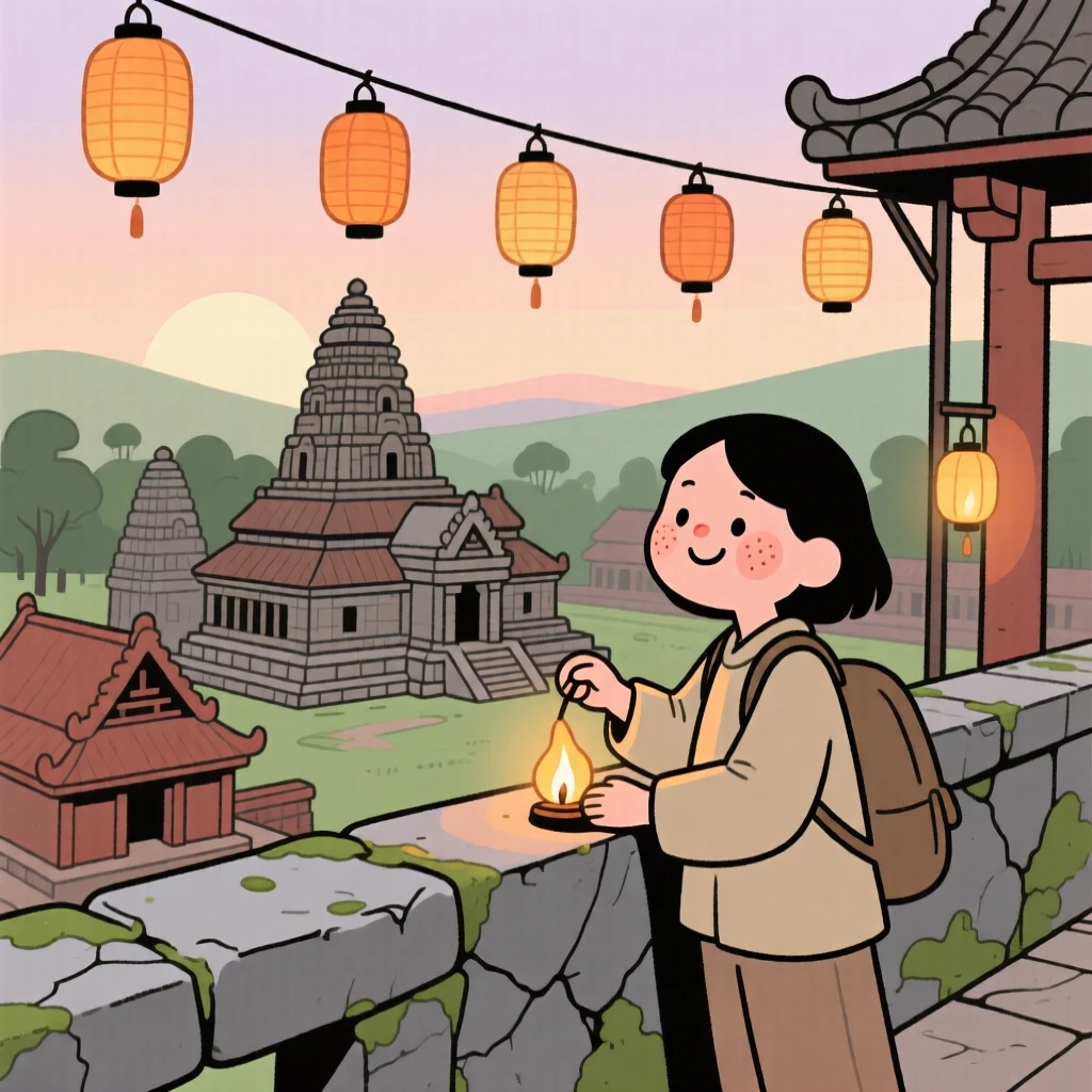 A traveler pauses on a stone terrace overlooking an ancient temple complex, watching lanterns being lit one by one as the early morning light settles over the scene.