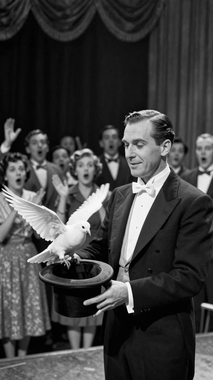 A magician pulls a dove from an empty hat before a gasping audience.