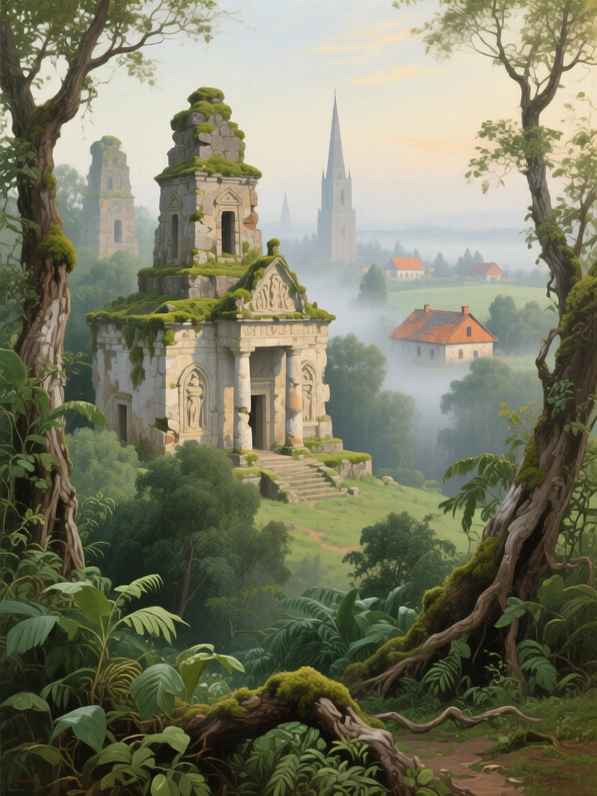 A wide establishing shot of an ancient temple complex emerging from dense jungle foliage, in a Ukrainian village, in thick fog.