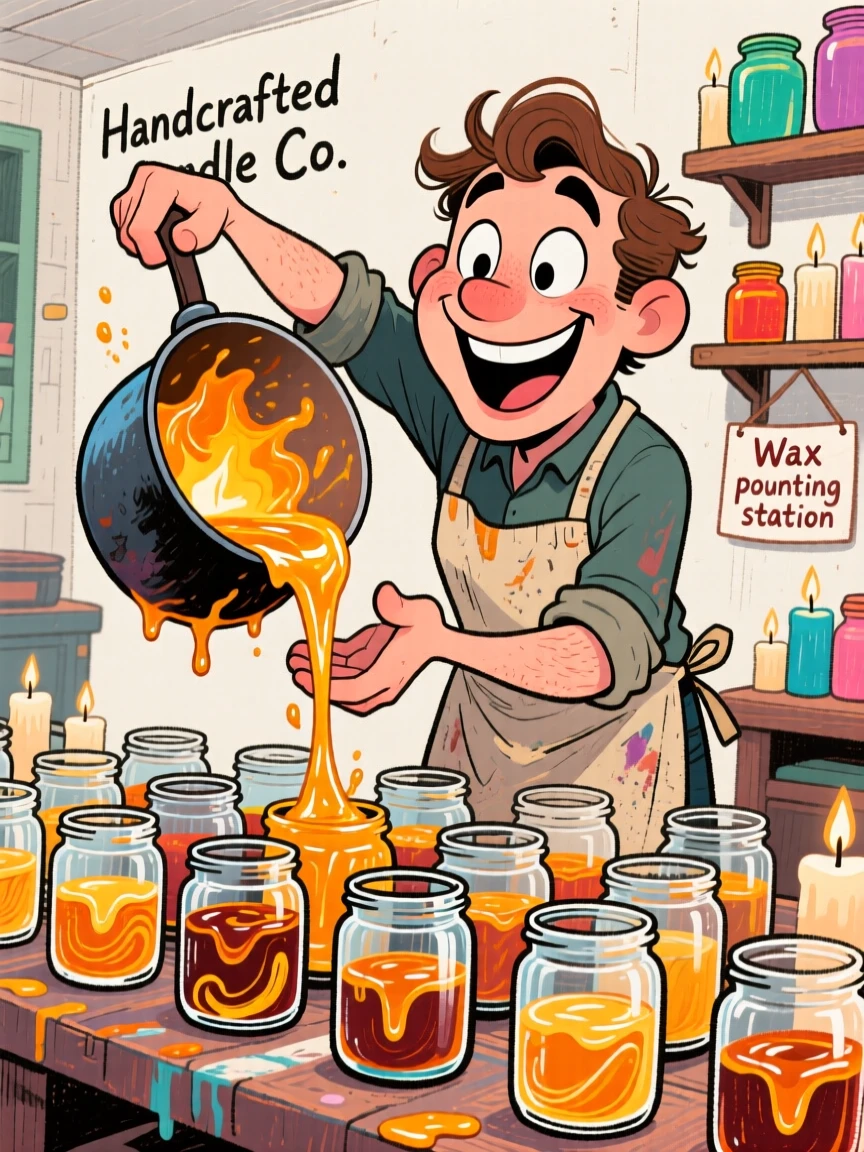 A candle maker pouring melted wax into rows of glass jars.