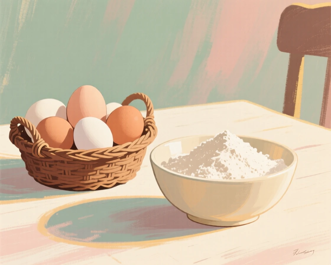 A basket of fresh eggs beside a bowl of flour on a baking table