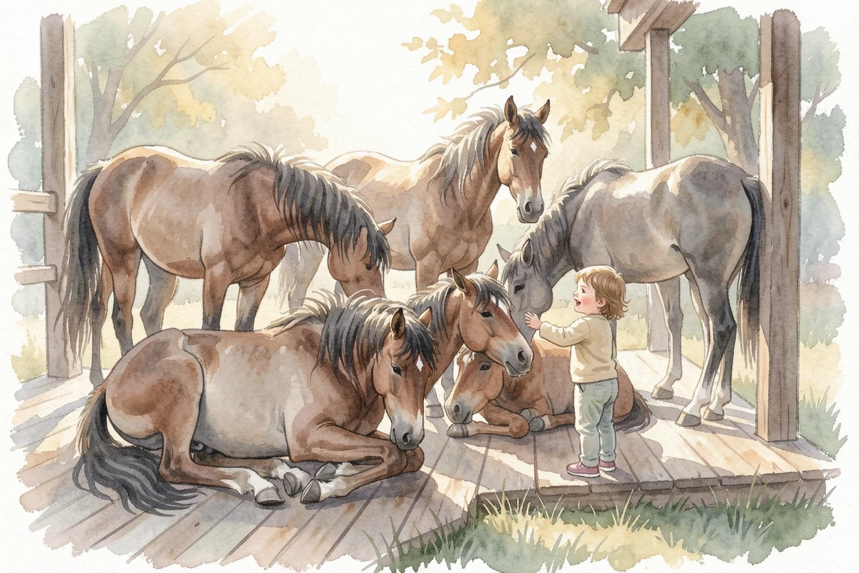 A herd of wild mustangs on a wooden porch playing with a small child nearby.