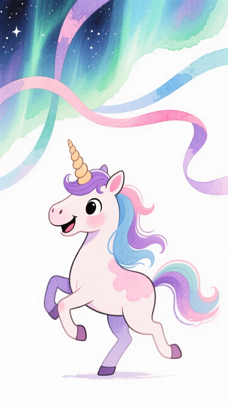 A unicorn with a flowing mane dancing with ribbons of northern lights overhead