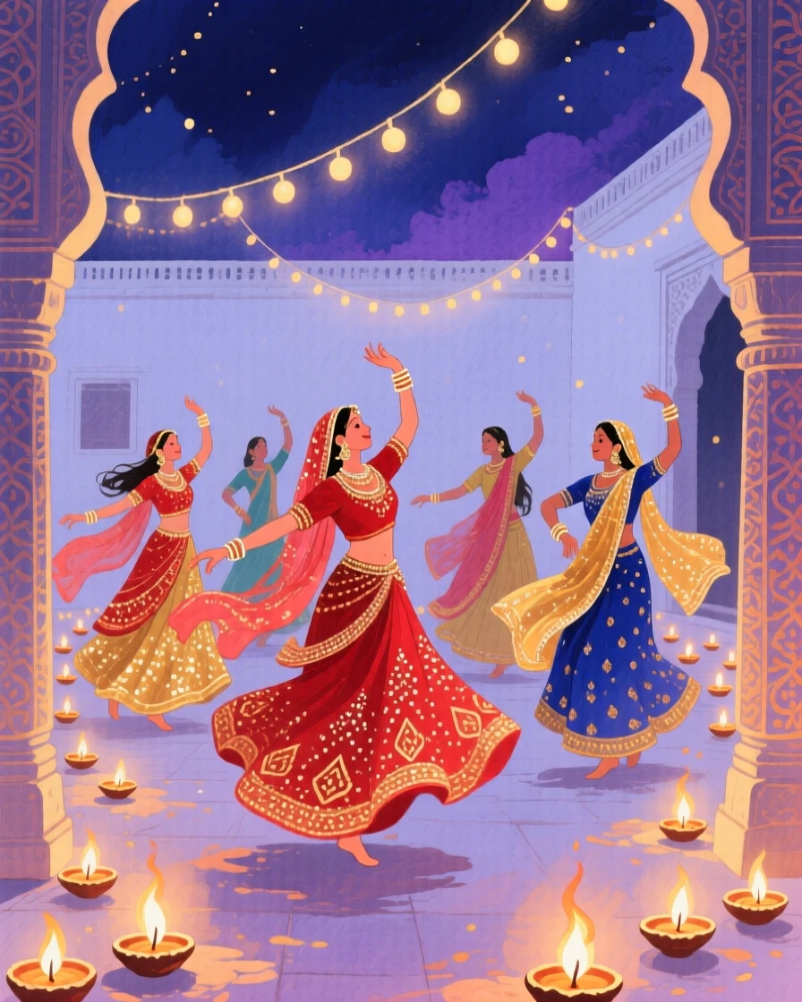 Dancers in vibrant costumes celebrate Diwali as diyas and string lights illuminate a decorated courtyard at night