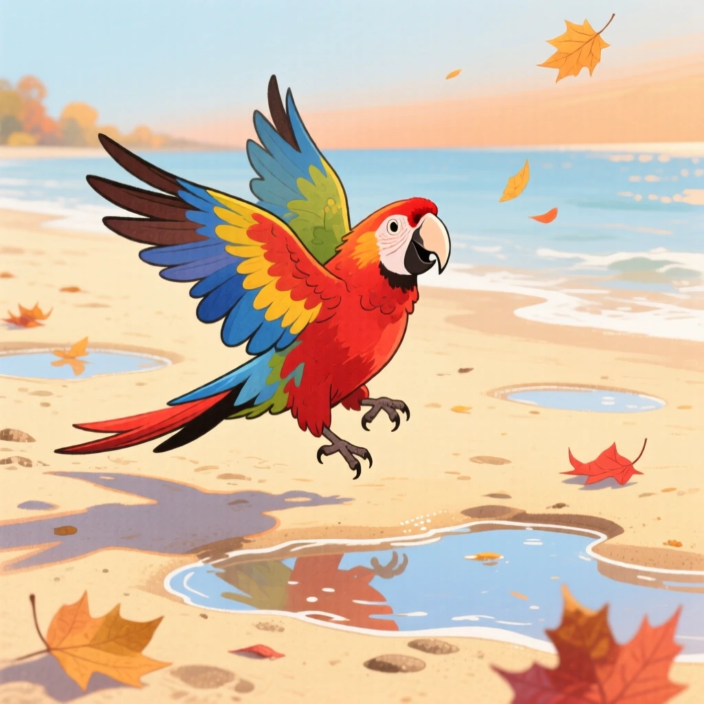A colorful macaw playing joyfully in a sandy beach at low tide on a crisp autumn afternoon.