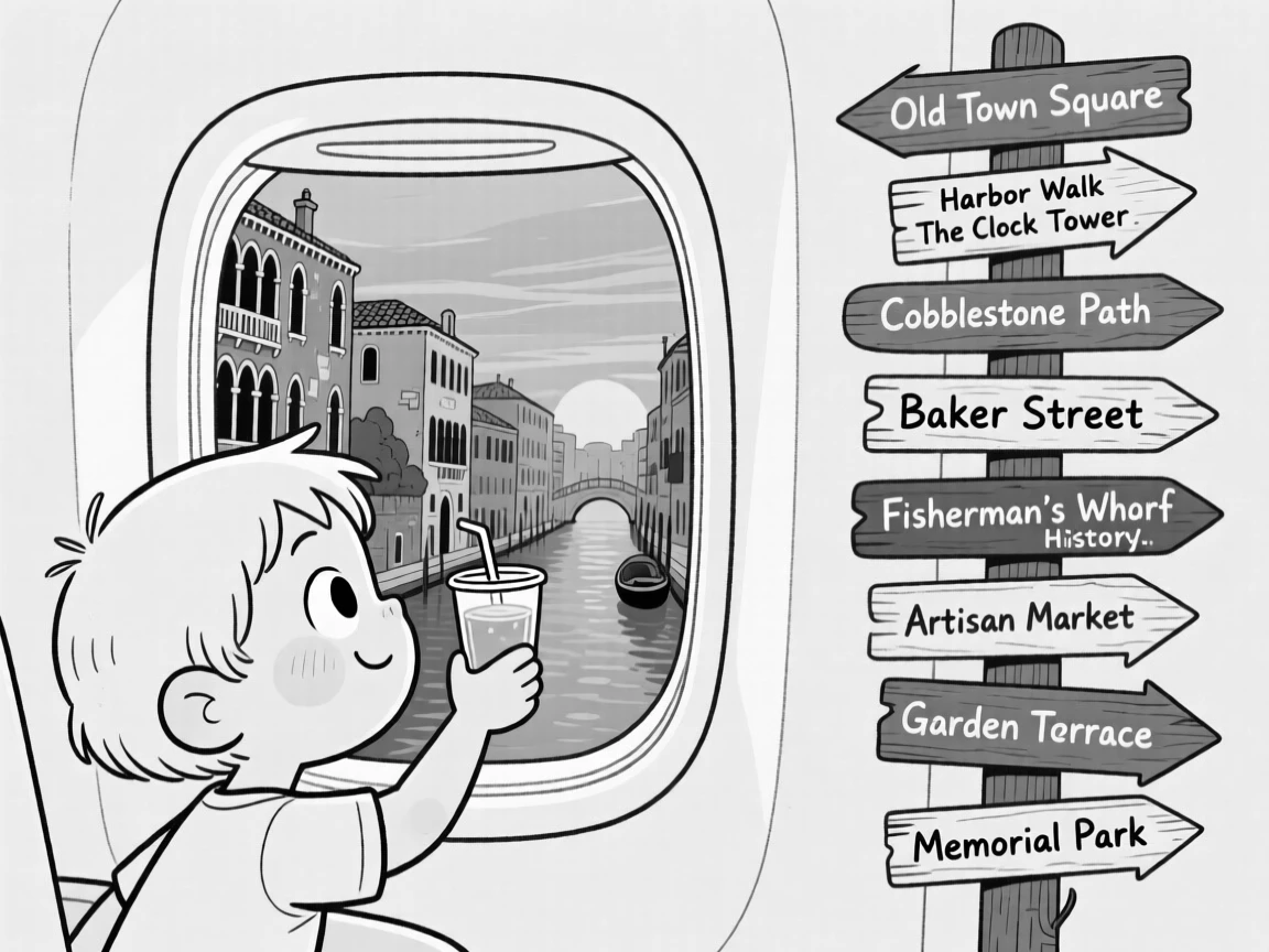 A child pressing his face against an airplane window, raising a drink in a toast to the sunset, set gliding down a historic canal lined with old buildings. A weathered signpost lists a dozen mismatched directions. There's a light, adventurous spirit running through the moment.