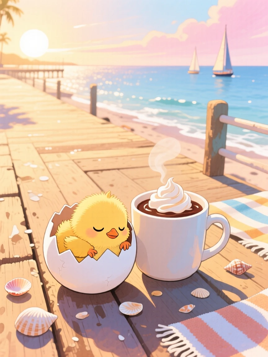 A chick hatching from its egg curled up asleep next to a warm mug of cocoa, set in a seaside boardwalk at golden hour, evoking warmth and gentle affection.