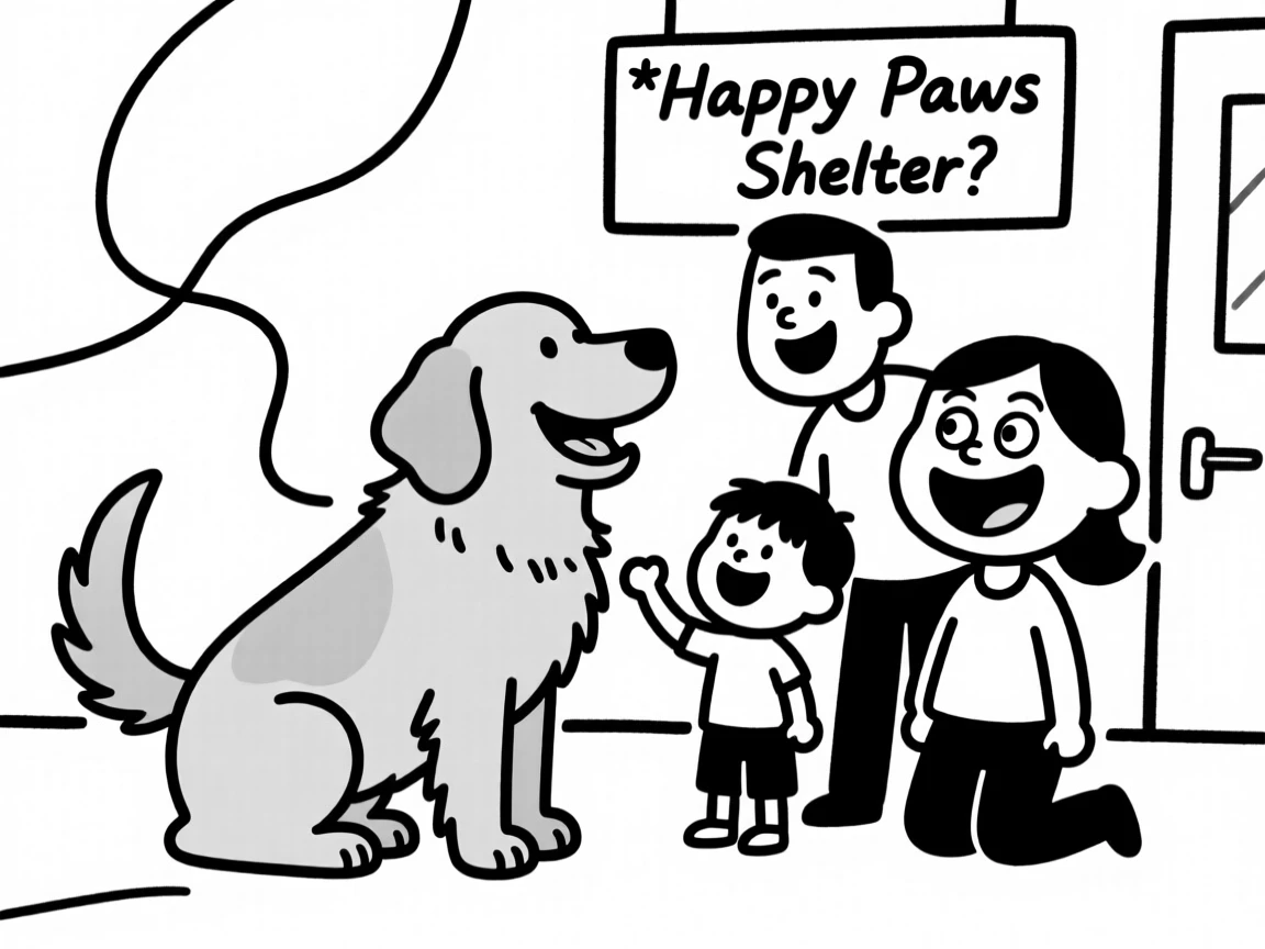 A golden retriever getting adopted from a shelter, tail wagging as a new family kneels to greet it.