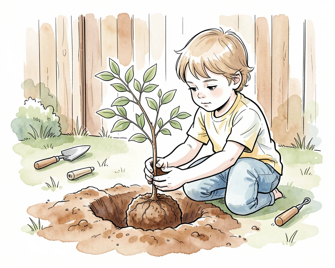 A child planting a small tree in the backyard with careful hands, the everyday moment made memorable by its quiet sincerity.