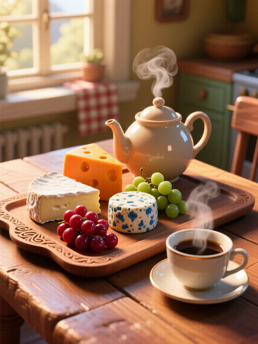 A wooden board of assorted cheeses and grapes sits on a tray beside a steaming teapot, next to a steaming cup of coffee. The scene feels inviting, warm, and delicious.