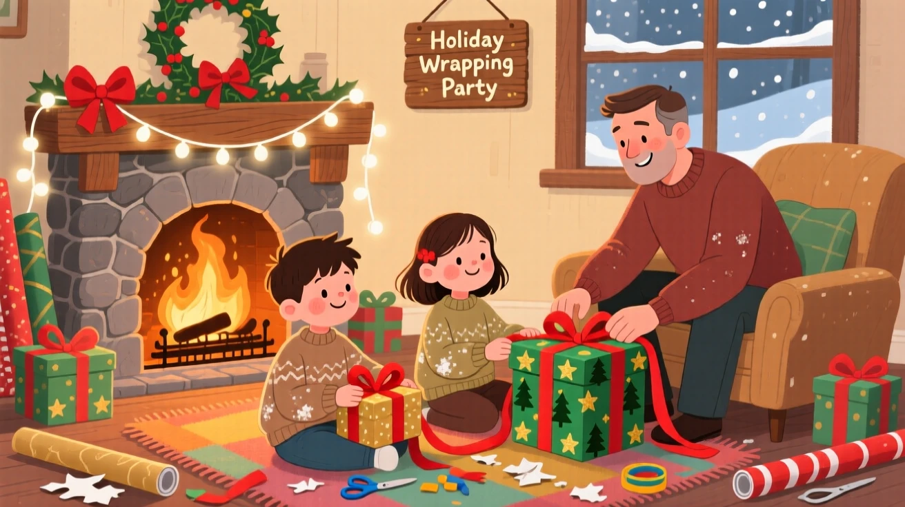 Twin siblings spends the afternoon wrapping presents by the fireplace with his father, with flour dusting their sleeves.