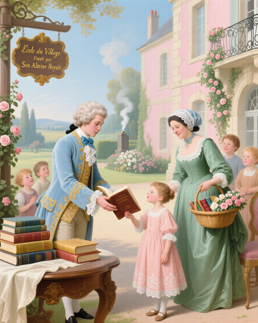 A prince donating books to a village school beside a country estate  