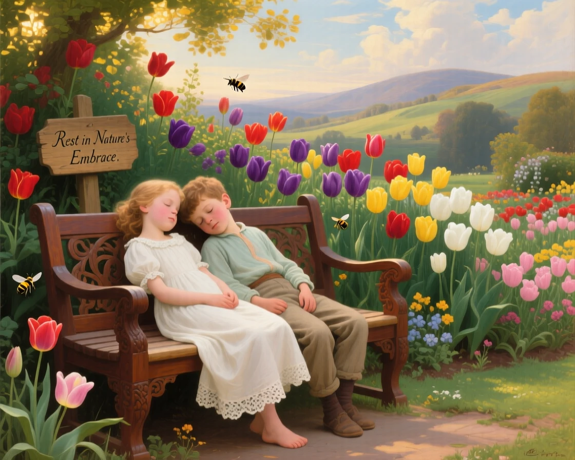 Children rest upon a bench in a garden filled with tulips of every color as bees hum among the flowers.