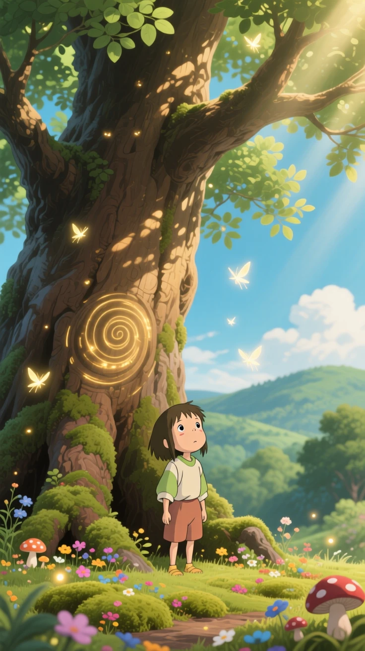 A tender moment of a child looking up in wonder at a giant, ancient tree, the scene filled with hope.