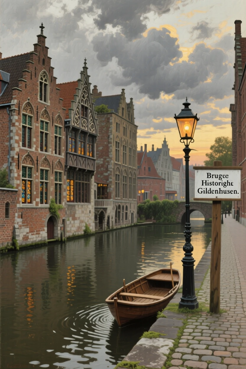 The historic canals of Bruges lined with medieval guild houses, as a dramatic sky adds depth and atmosphere to the skyline, celebrating the architectural wonder and cultural richness of the location