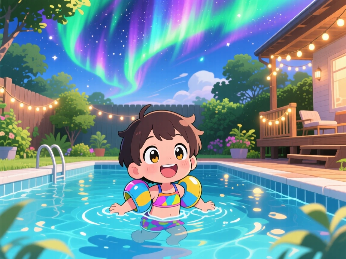 Wide establishing shot: a child, swimming happily in a sunlit pool, set against a backyard summer pool beneath swirling aurora-lit skies, with glowing string lights and a mood of wide-eyed wonder.