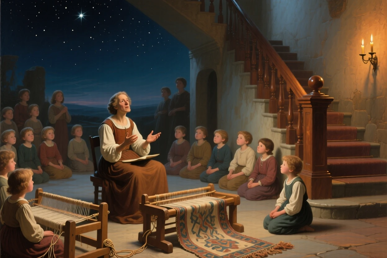 A storyteller enchanting a circle of children beneath a starry sky at the story's most enchanting and memorable turn, set beside a grand staircase lit by flickering candelabra, with an old wooden loom, tangled threads, and a half-finished tapestry; foreground props hint at the tale without overwhelming the central figure, evoking nostalgia, wonder, and the timeless magic of storytelling.