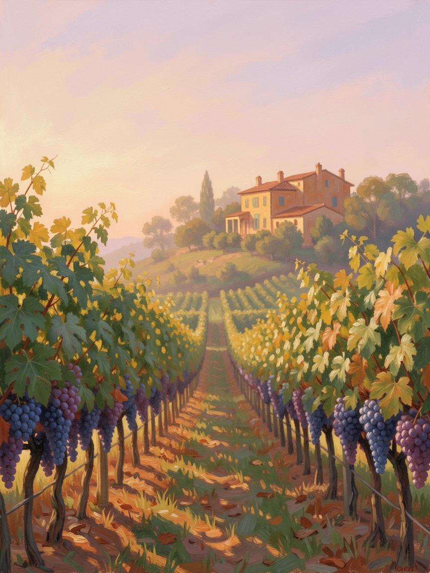 A vineyard at harvest time, rows of grapevines heavy with fruit stretching toward a hilltop villa bathed in evening light, during the height of summer, conveying a feeling of romance and tranquility.