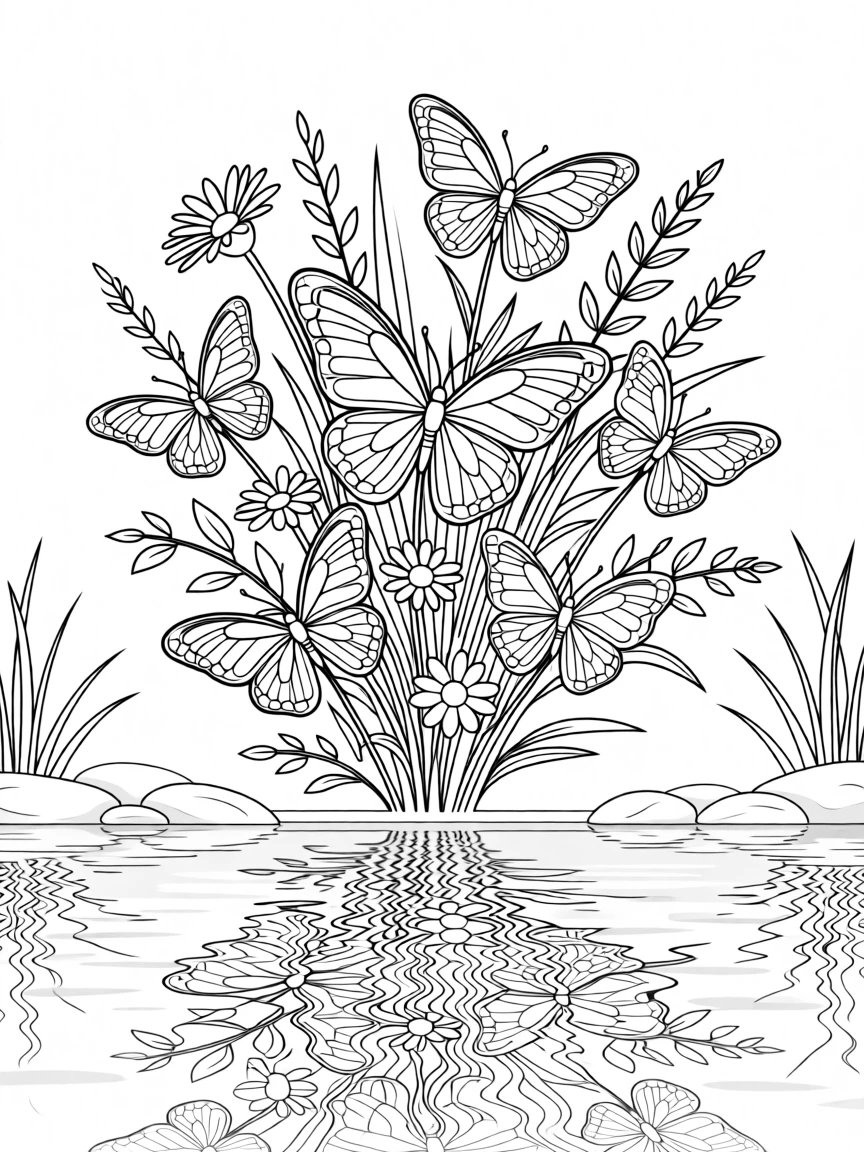 A cluster of butterflies resting on a bundle of wildflowers, with its reflection rippling in a still pond.