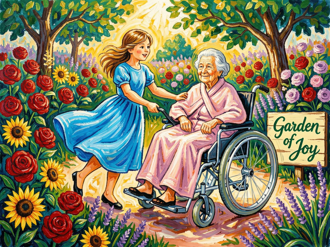 A daughter pushing her elderly mother's wheelchair through a garden in full bloom.