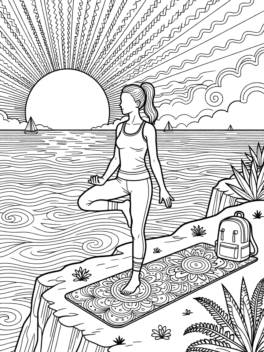 A woman practicing yoga on a cliffside overlooking the ocean at sunrise.