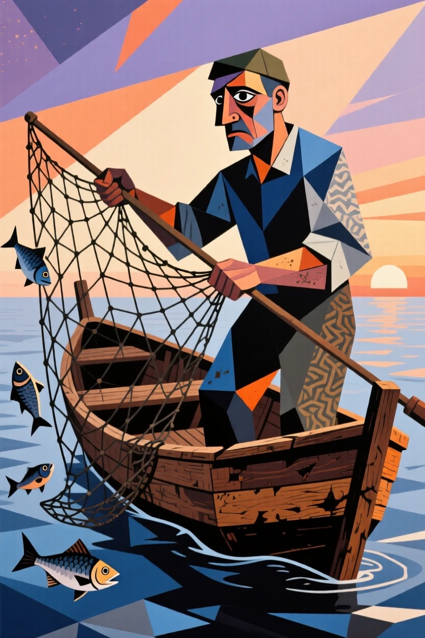A fisherman casting a wide net from a wooden boat at dawn.