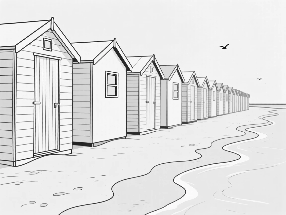 A row of beach huts along a sandy shoreline