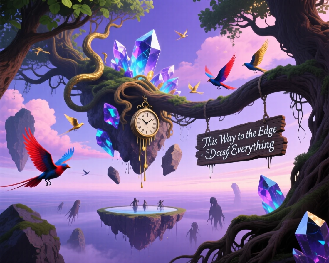 An entire forest suspended sideways in midair drifts slowly across a lavender horizon, while flocks of birds weave between its floating pieces.
