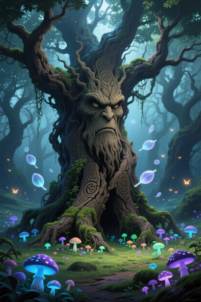 A colossal treant with a face carved into its bark watches over a magical glade filled with luminous mushrooms and floating spores, the setting suggesting centuries of untold stories embedded in every weathered surface.