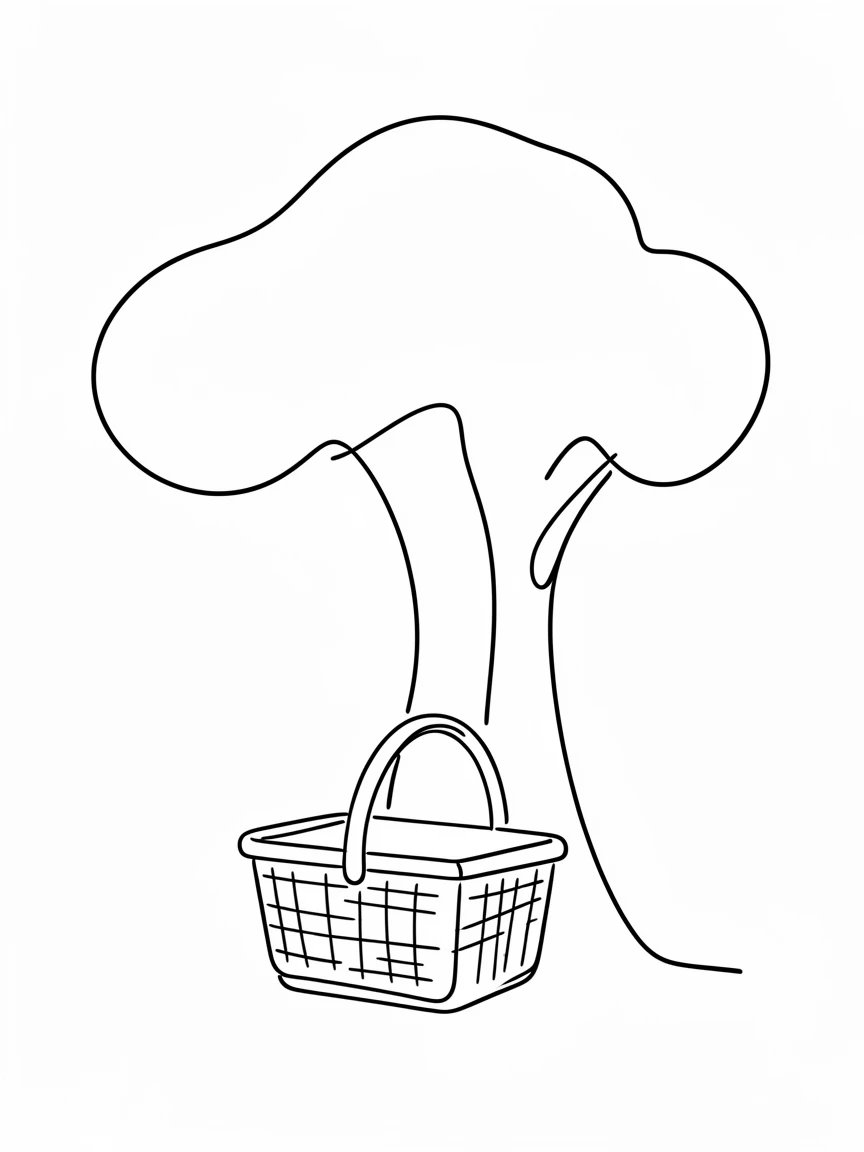 A picnic basket set beneath a shady tree in a sunny park