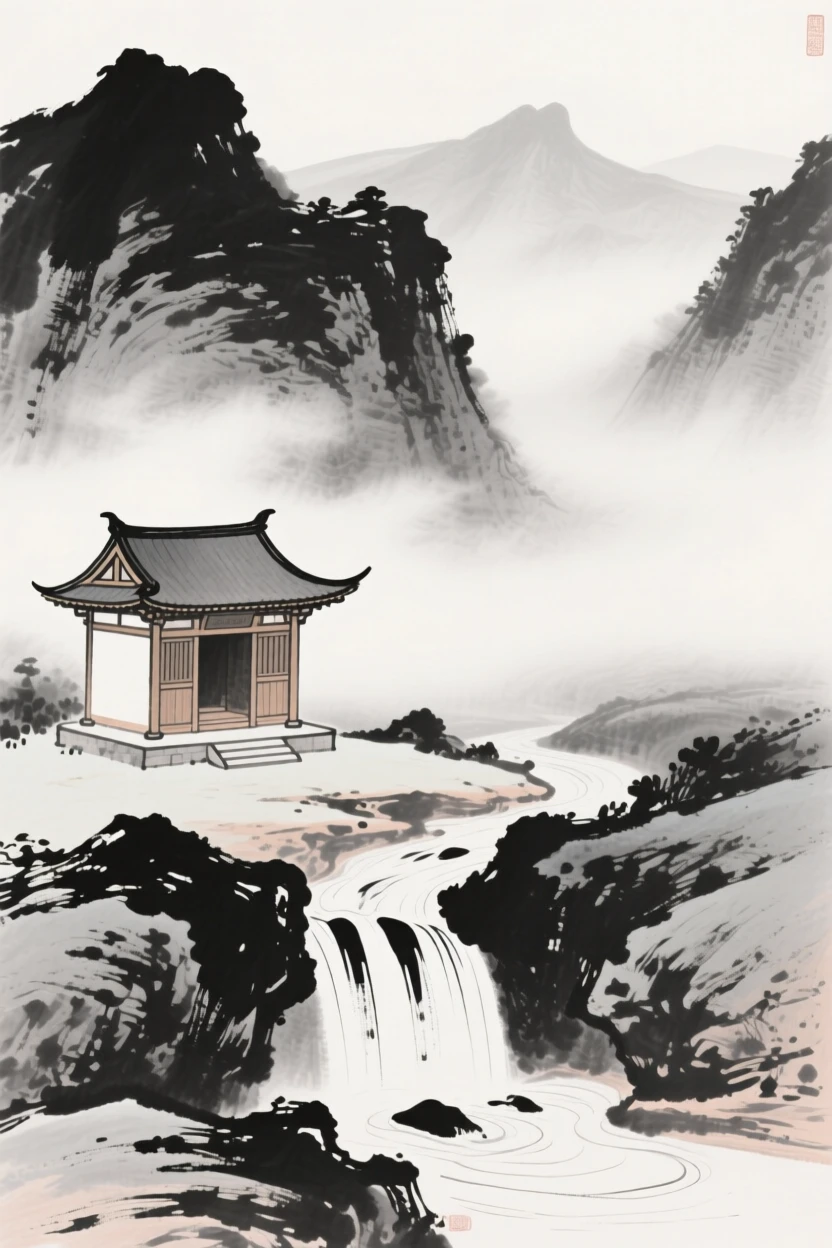 A small mountain shrine stands beside a trickling spring, as mist settles over the valley below.