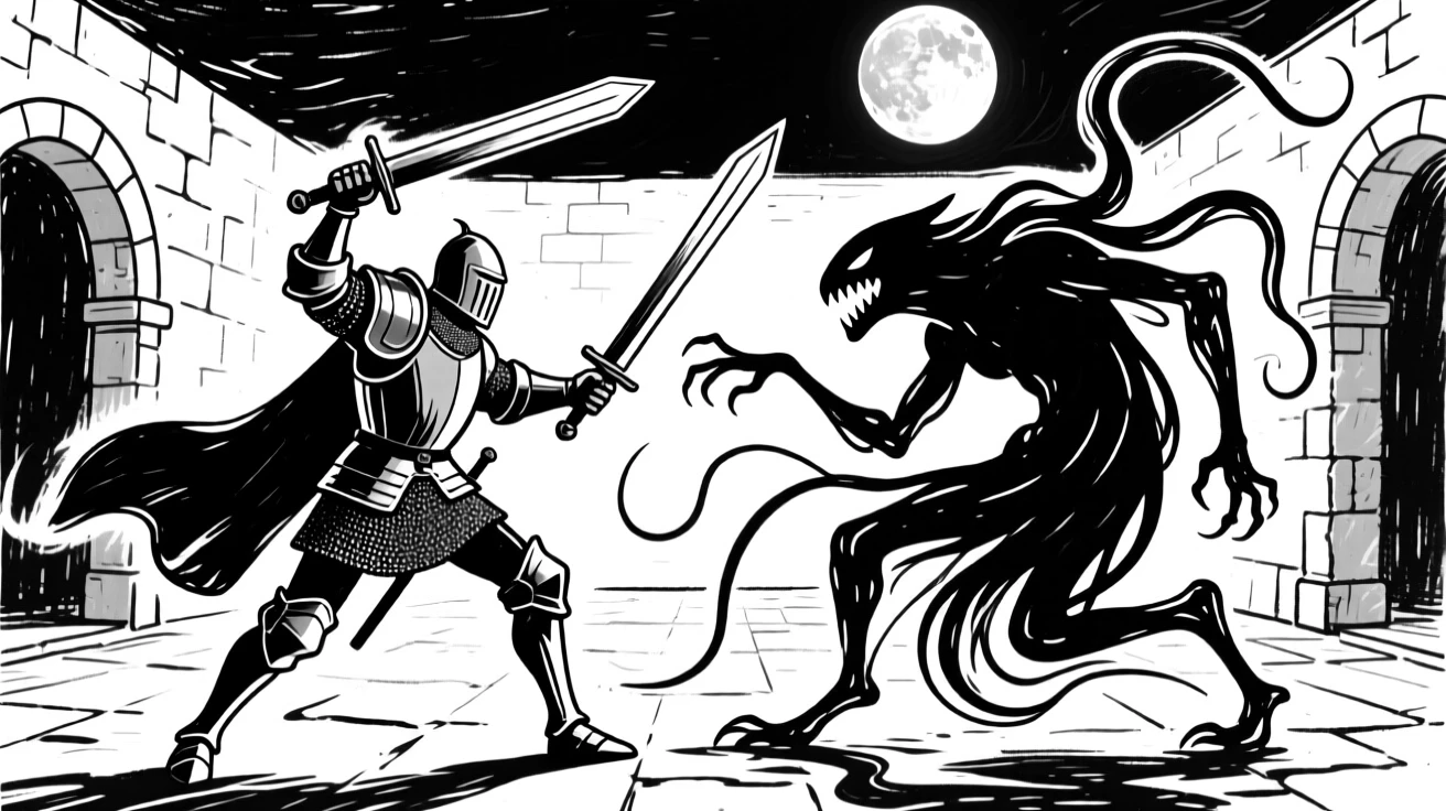 A knight battling a shadow creature in a moonlit courtyard.