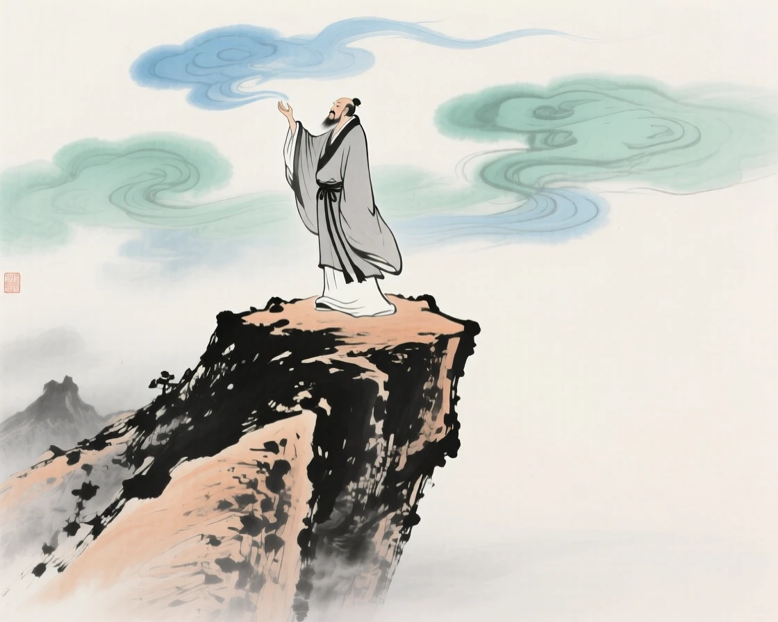 An ancient sage summoning clouds from atop a floating peak, touched with gentle melancholy.