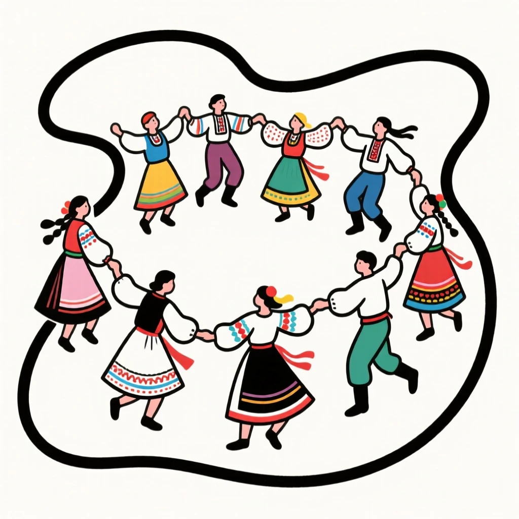 A group of dancers performing a traditional folk dance in colorful costumes.