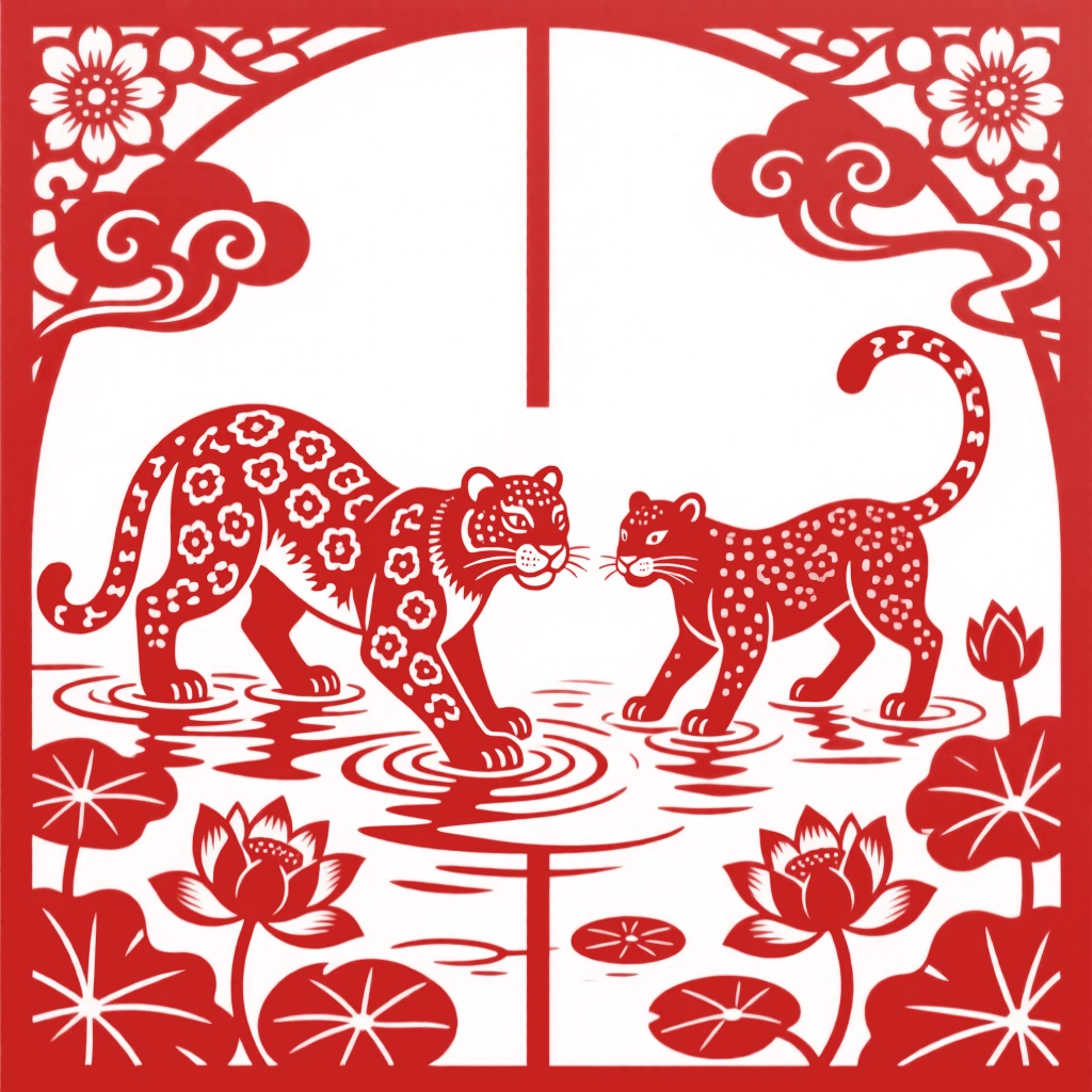 A snow leopard, wading through shallow lotus water, paired with a second companion nearby, echoing its every move.