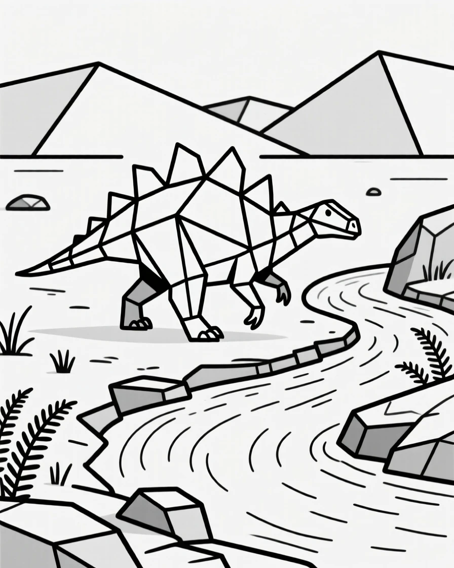 A Stegosaurus walking along a prehistoric riverbank