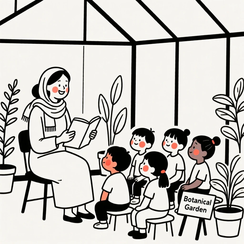 A teacher of iranian heritage reading to a classroom, beaming with pride, in a botanical garden greenhouse.