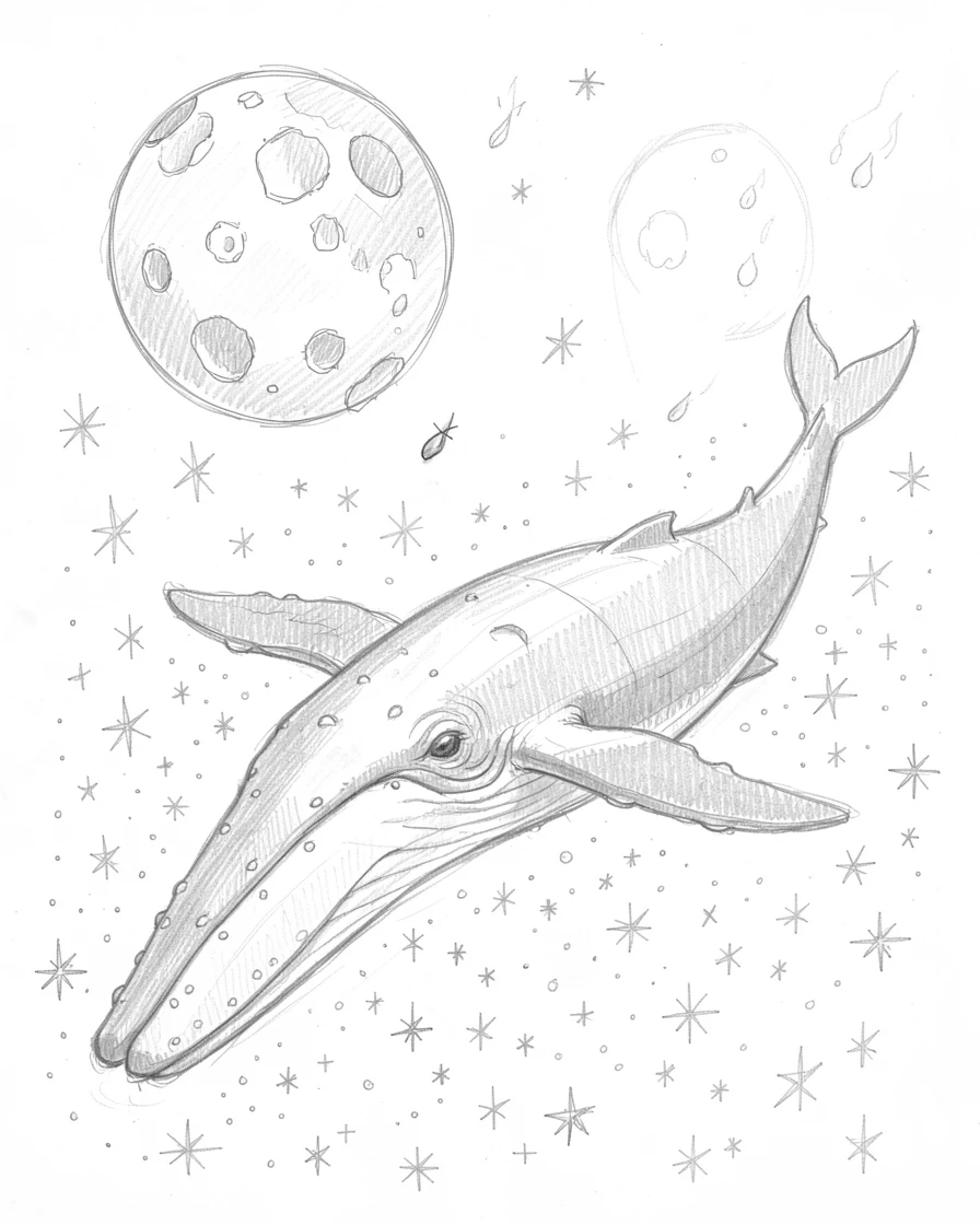 An epic fantasy scene of a giant whale swimming through a sea of stars in a realm where two moons hang in the sky, with embers drifting gently upward.