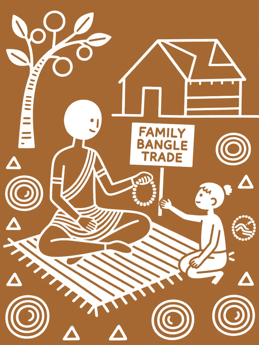 A bangle seller teaching a young apprentice the family trade.