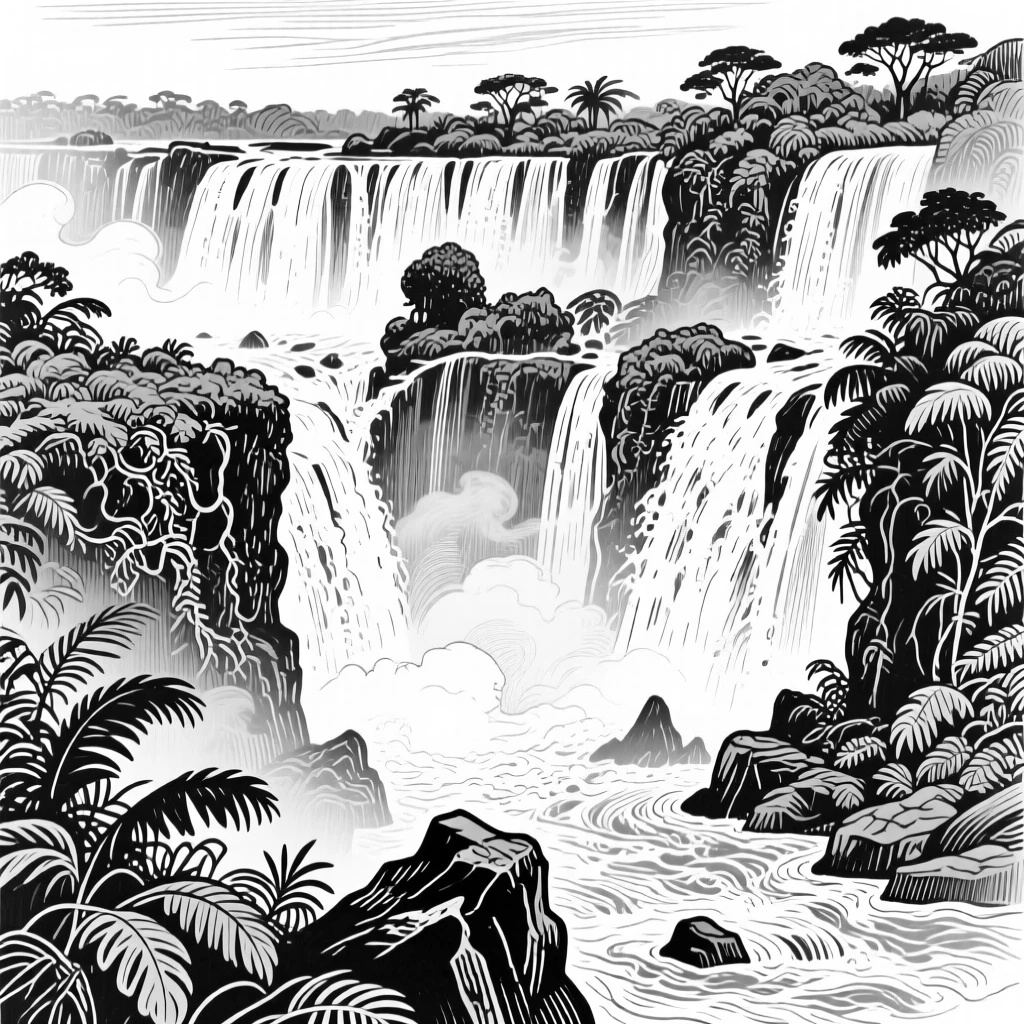 The dramatic waterfalls of Iguazu spraying mist across a lush jungle canyon.