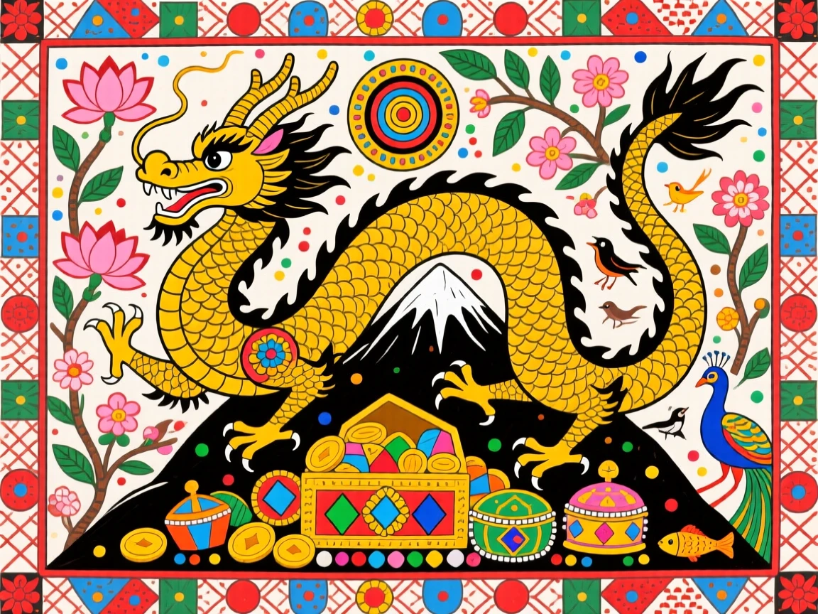 A golden dragon curling protectively around a mountain of treasure.