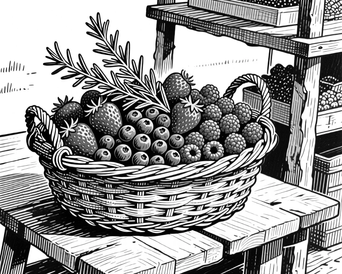 A basket of ripe berries displayed at an outdoor market stall, with a sprig of herbs used as garnish, presented in a rustic and homely culinary still life.
