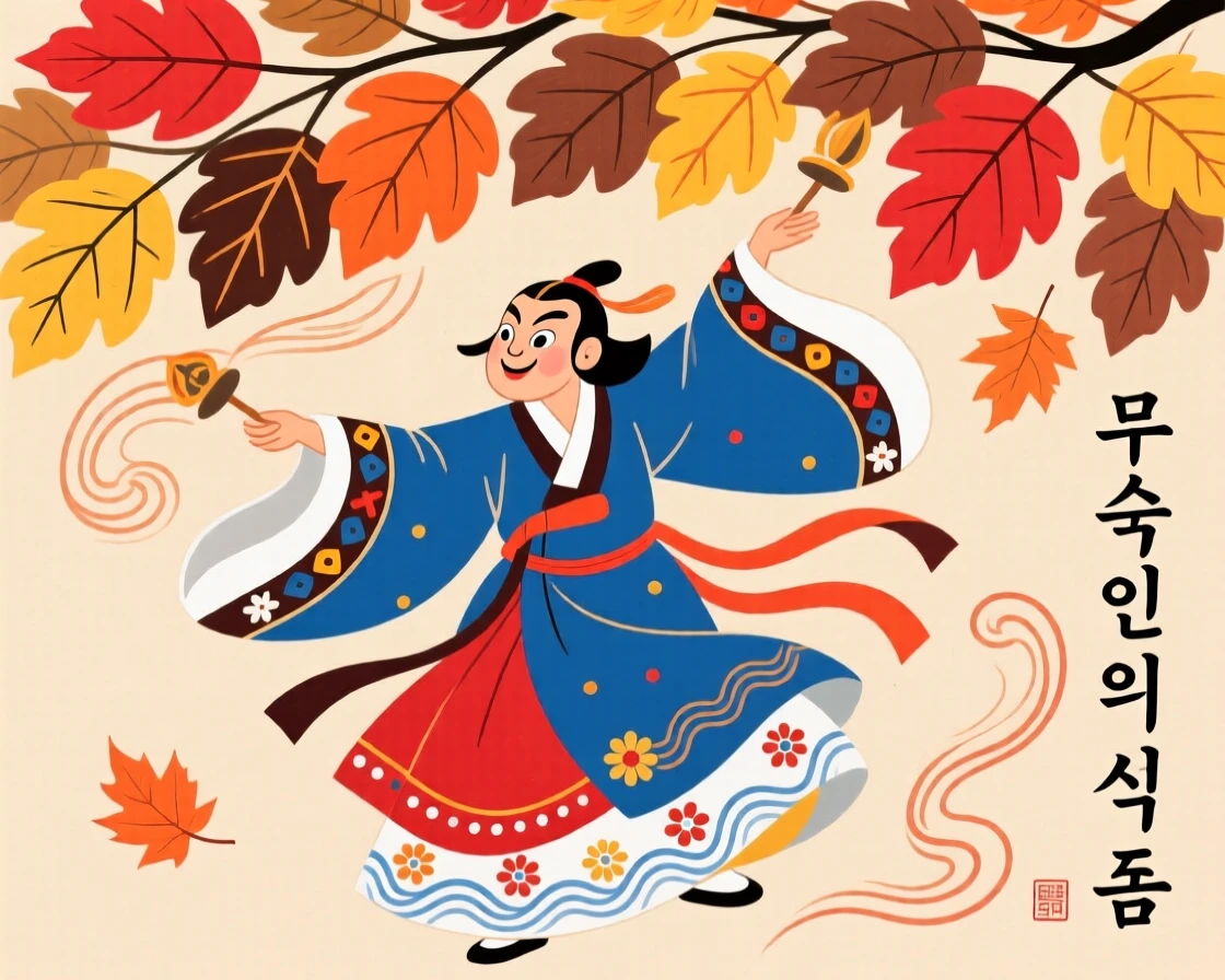 A shaman performing a ritual dance beneath a canopy of swirling autumn leaves.