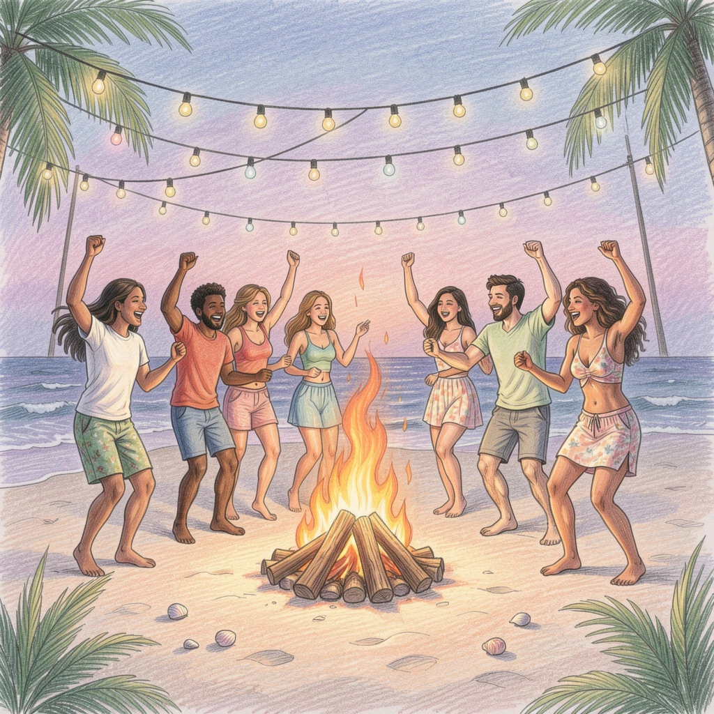 A bonfire beach party with friends dancing under string lights, framed thoughtfully to draw the eye toward the central subject, full of charm, emotion, and visual delight.