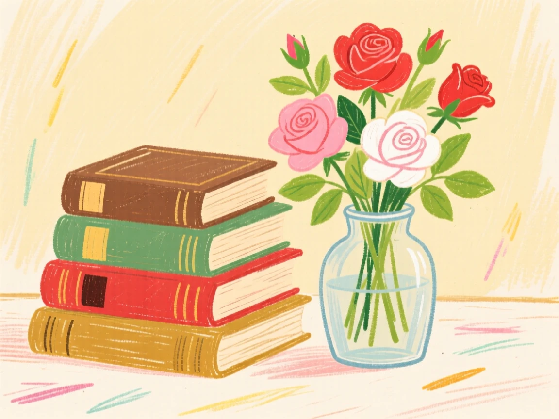 A stack of antique books arranged neatly beside a vase of garden roses.
