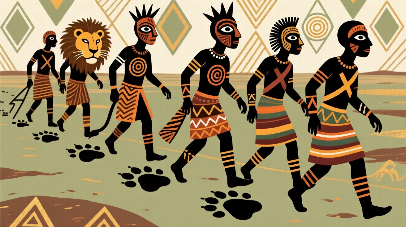 A group of travelers tracking lion footprints across the plain.