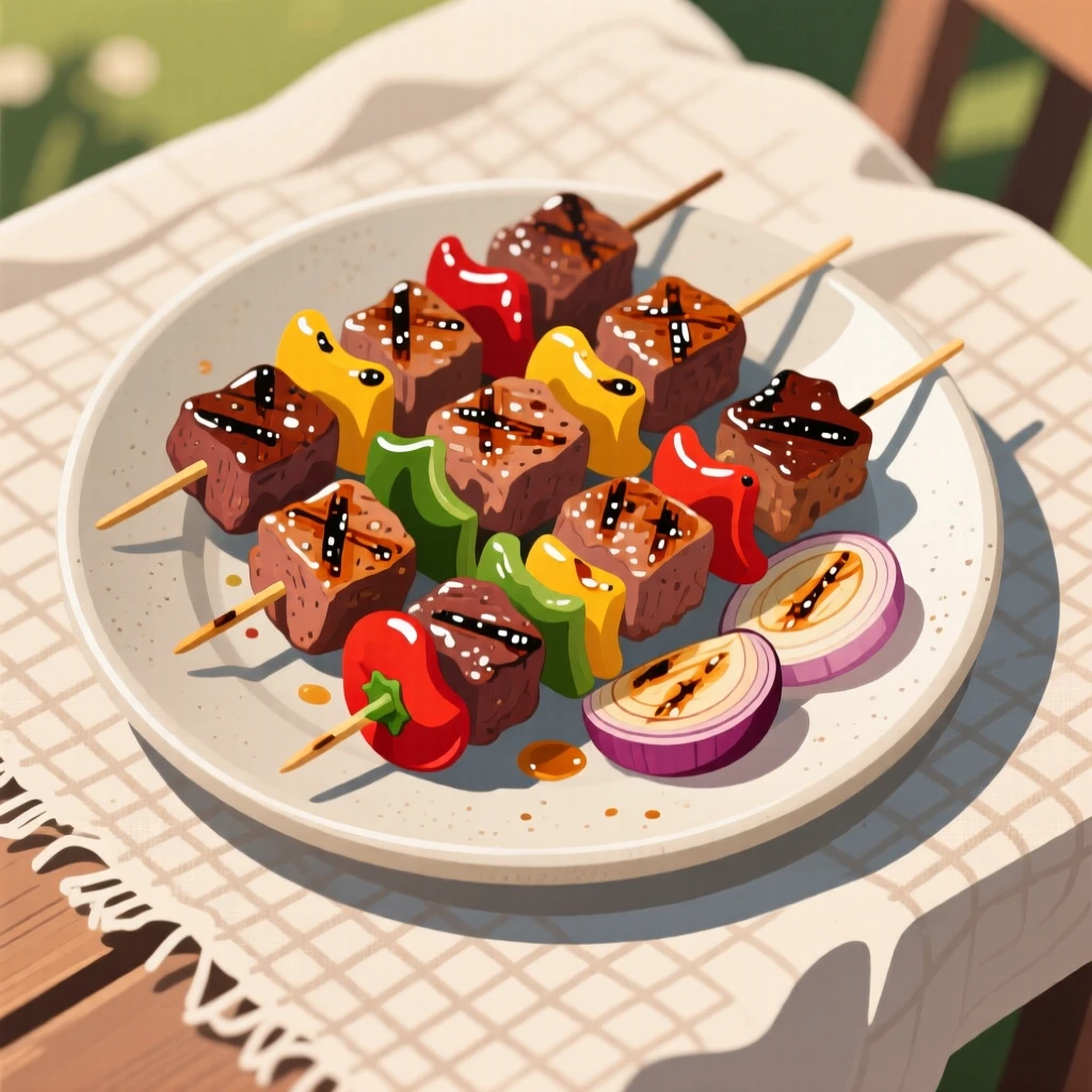 A platter of grilled kebabs with colorful peppers and onions, arranged on a linen tablecloth outdoors, arranged in an appetizing overhead flat lay, with glossy highlights that make the dish look freshly made.