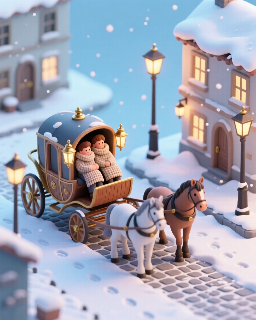 A horse-drawn carriage clip-clopping through a snowy town square, lanterns glowing on its sides, and passengers wrapped in warm blankets.