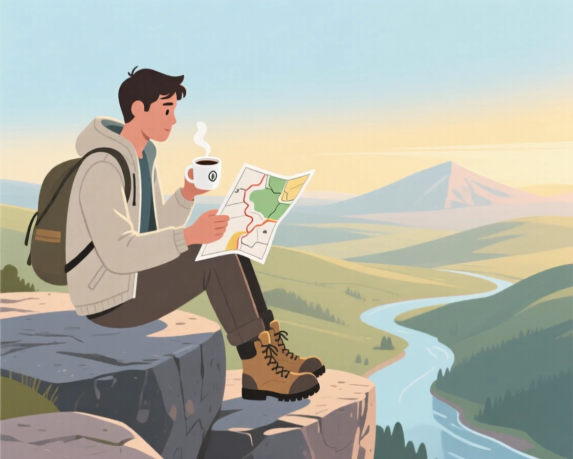 A traveler sitting on a scenic overlook with a map and cup of coffee.